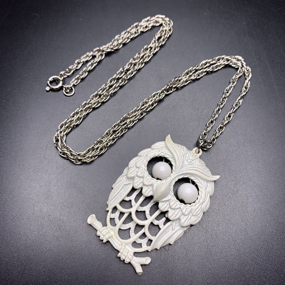 Owl Pendant Necklace White Enamel Bead Eyes Silver Tone 70s Boho Chunky Vintage